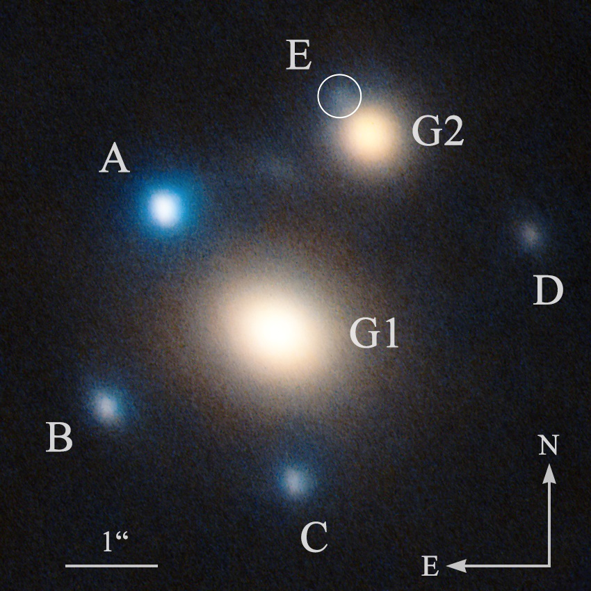Opname uit besproken artikel. G1 en G2 zijn de beide lensstelsels en A-D de 5 projecties van dezelfde, veel verder liggende supernova SN2050wny (Aryan et al. (2025).