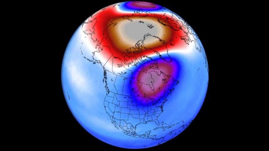 Een Sudden Stratospheric Warming (SSW) spitst de poolwervel in twee gebieden met arctisch koude (bron: Buienradar)
