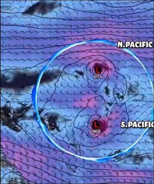 Een tweelingcycloon aan weerszijden van de evenaar in de Pacific. Ontstaan uit de splitsing van één cycloon draaien ze tegengesteld aan elkaar rond.