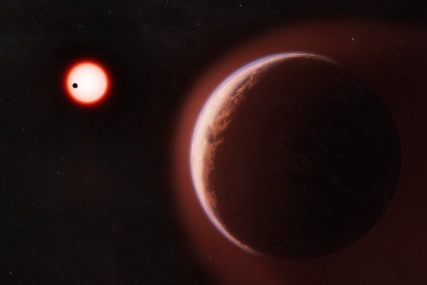 Artists' impression van exoplaneet LHS1140b op het tijdstip dat op de achtergrond de zusterplaneet LHS1140c als een zwart stipje vóór de gezamenlijke zon LHS1140 langsgaat (Credit: Melissa Weiss/CfA)